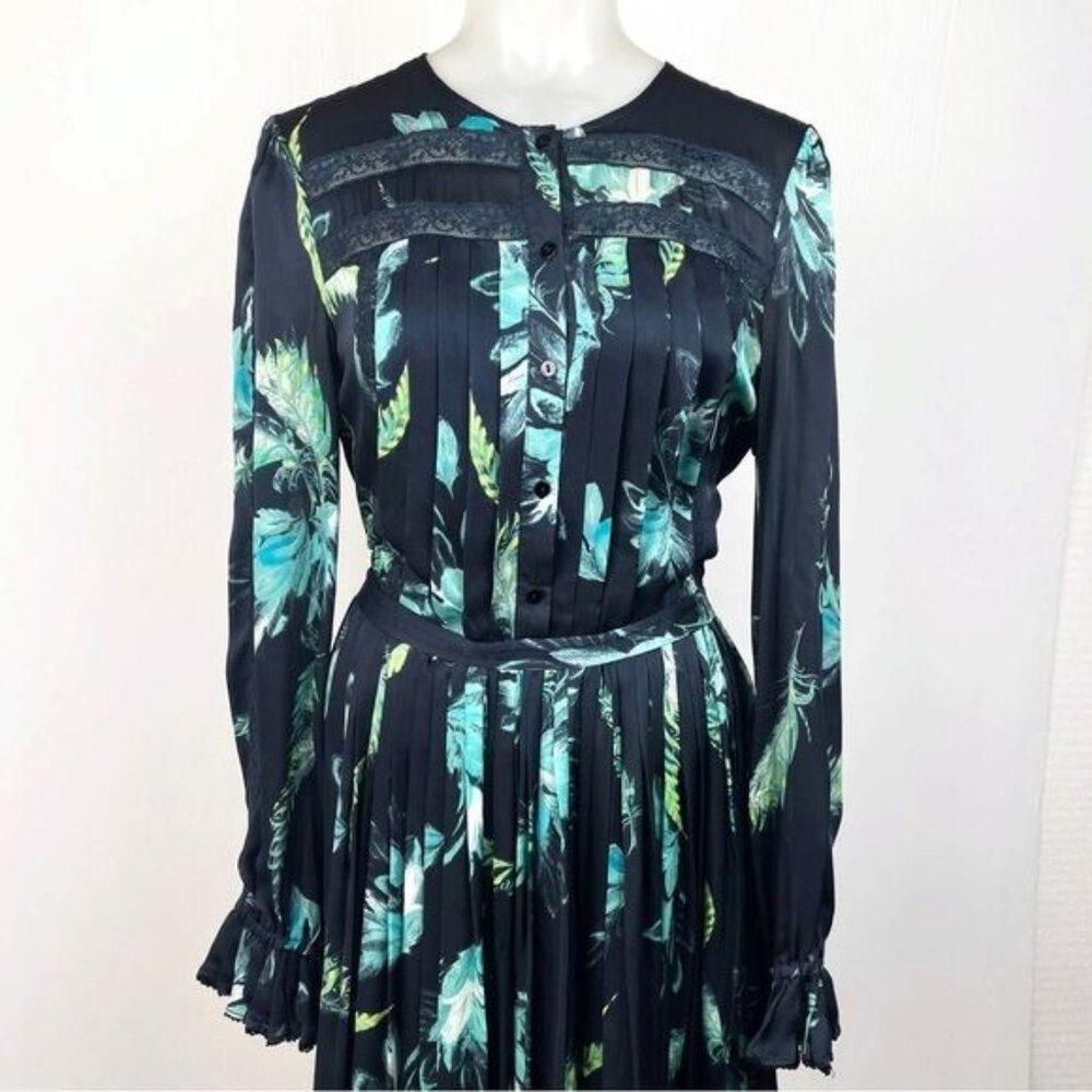 Marchesa Voyage Navy Floral 100% Silk Pleated Midi dress With Lace 2 - Picture 5 of 10